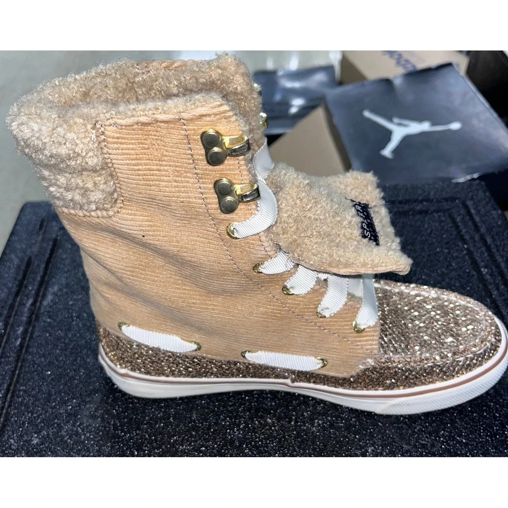 Sperry Top-Sider Acklins Gold Glitter Corduroy Faux Fur Boots Tan Womens 7M